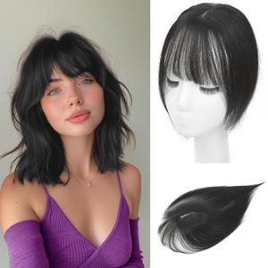 Hair Toppers for Women Real Human Hair, 3603D Bangs Clip Human Toppers for Women with Thinning hair Realistic Scalp Line (Brown Black, 3D Wispy Bangs(11 * 7))