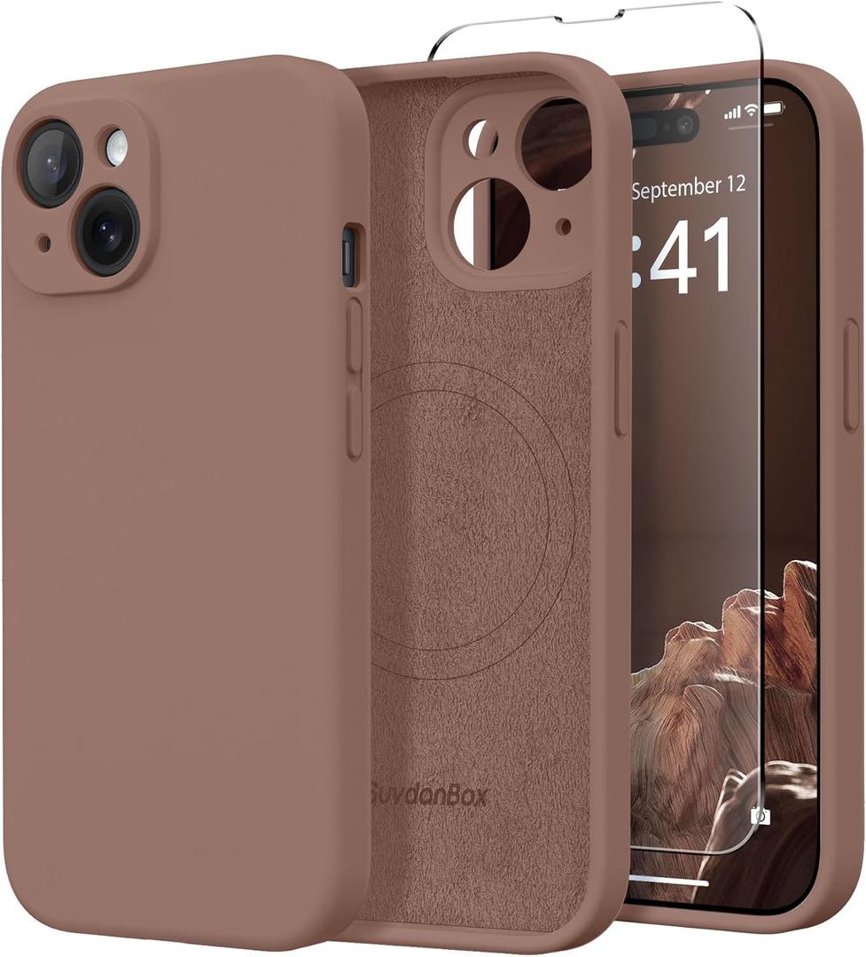 Magnetic for iPhone 15 Case, Compatible with MagSafe, [Screen Protector + Full Camera Protection], Silicone Shockproof Anti-Scratch Protective Phone Case for iPhone 15 6.1", Brown