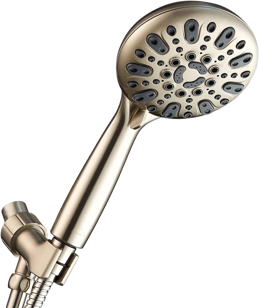 Handheld Shower Head, 6 Spray Setting High Pressure Shower Head with Brass Swivel Ball Bracket and Extra Long Stainless Steel Hose, Brushed Nickel, 5", 1.8 GPM for California