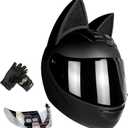 Cat Ear Motorcycle Helmet with Gloves and 2 Visor, Full Face Youth Men and Women Racing Motocross Helmet Medium