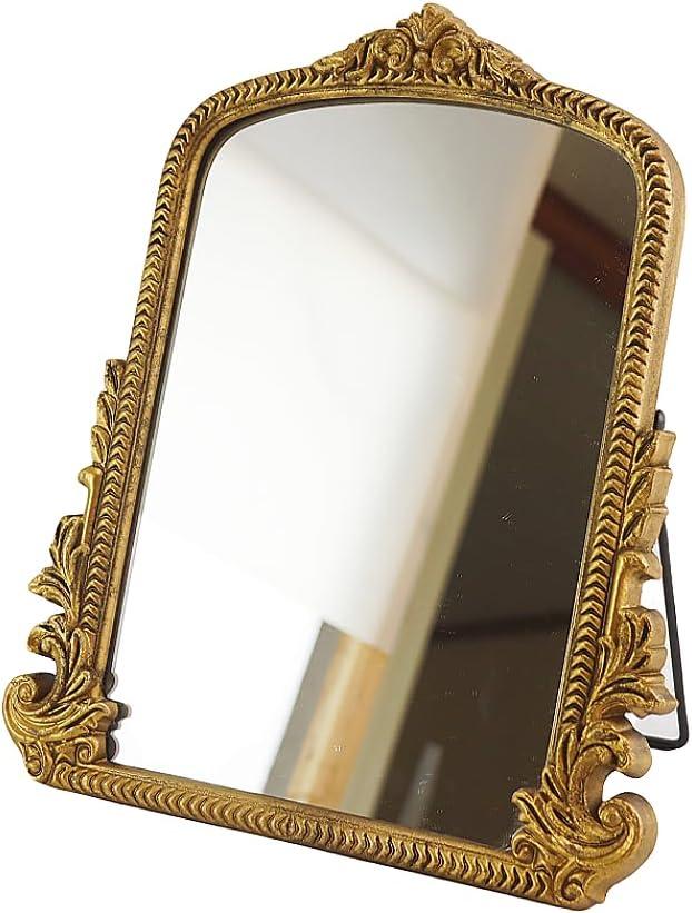Vintage Vanity Makeup Desk MirrorAntique Traditional Chic Arch Table Mirror GoldDecor Wood Framed Small Standing Carved Arendahl Mirror for Living Room,Bedroom,Tabletop 11.8" x 9.6" (Antique Gold)