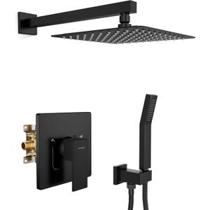 SR SUN RISE Shower Faucet Set & System - 10 Inch Rainfall Shower Head & Handle Set Wall Mounted Matte Black Solid Brass Valve Trim Kit Included