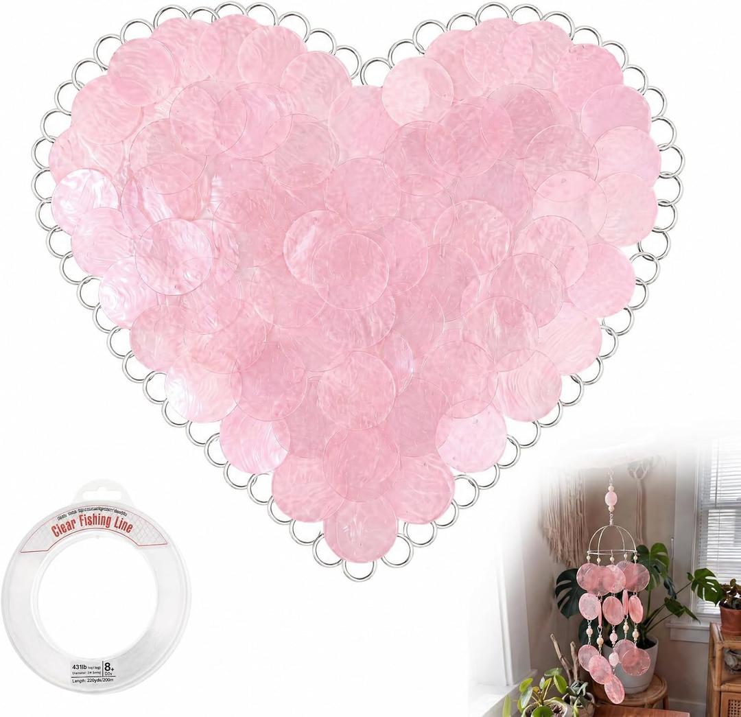 Novabright 200 Pcs Pink Capiz Shells 2" Round Natural Shells with 2 Holes, 100pcs 0.5'' Split Rings and 1 Fishing Wire for Seashell Wind Chimes Curtain DIY Craft Hanging Wedding Home Decor