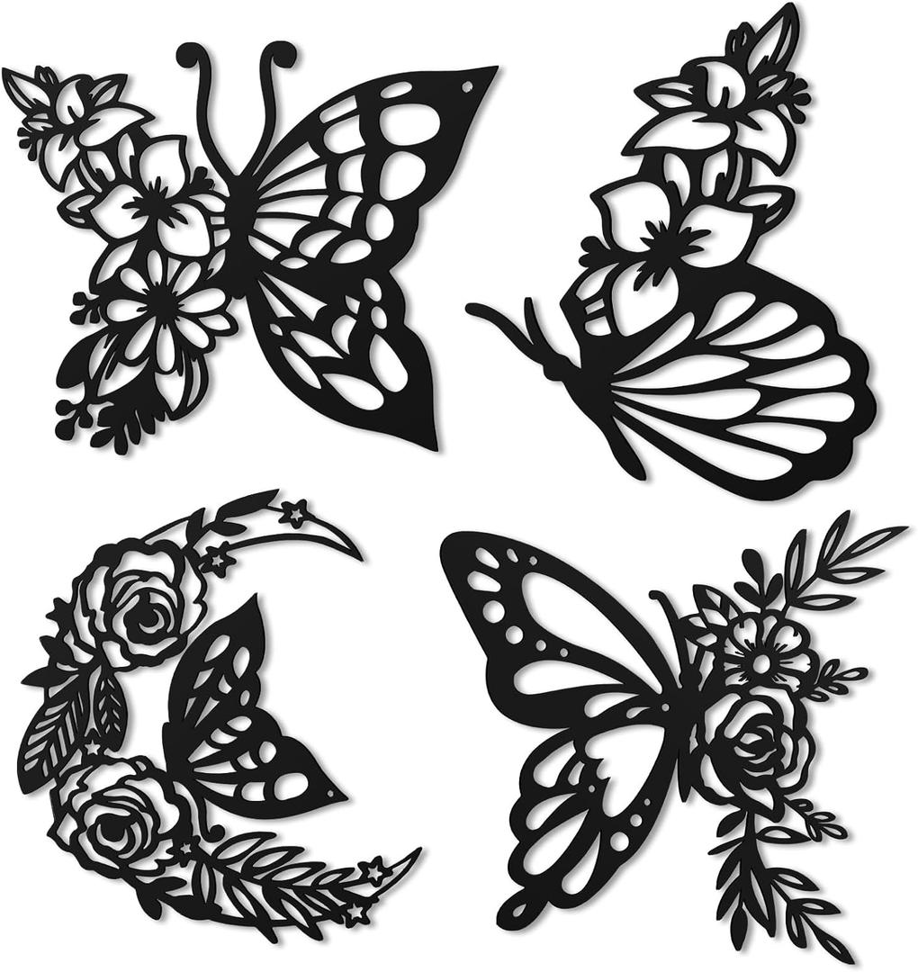 LOYIM 4 Pcs Butterfly Wall Decoration Metal Butterfly Wall Decor Metal Leaf Wall Art Moon Phases Floral Boho Wall Hanging Home Flower Appearance for Bedroom Living Room Home Indoor (Black,Graceful)