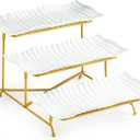 LAUCHUH 3 Tier Trays Stand, Porcelain Serving Trays Collapsible Sturdier Stand Serving Platters Dessert Table Display Set for Indoor Mother's Day Party, Entertaining, Gold, 12.2 Inch