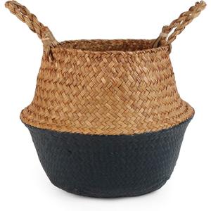 Woven Seagrass Belly Basket for Storage, Laundry, Picnic, Plant Pot Cover, and Grocery and toy storage (Small, Black)