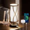 N10-2 Farmhouse Table Lamp Dimmable Touch Control Plug in Lamps Linen Rustic Desk Lamp IImitation Wood Metal Base Vintage Nightstand Table Lamp with USB Port for Bedroom Bedside (Bulb Included)