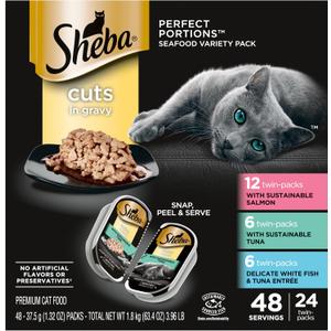 Sheba Perfect Portions Wet Cat Food Cuts in Gravy Variety Pack, with Sustainable Salmon, with Sustainable Tuna, and Delicate Whitefish & Tuna Entree, 2.6 oz. Twin-Pack Trays (24 Count, 48 Servings), Best By: 02/2027
