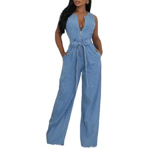Tbahhir Womens Sleeveless Denim Jumpsuit Bow Tie High Waisted Jumpsuits Wide Leg Romper with Pockets (Large, Blue)