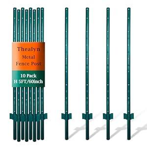 Thealyn 4.8ft Fence Posts, Pack of 10 - Sturdy Metal U-Posts & Step-in Stakes, No Digging Poles for Garden Wire Fencing and Yard Signs (Fits 4-ft Fence Mesh)