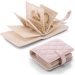 Vlando Travel Jewelry Organizer Case,Travel Gifts for Women,Portable Jewelry Storage Book Ring Binder with Clear Zipper Velvet Jewelry Pouch Bag-Pink