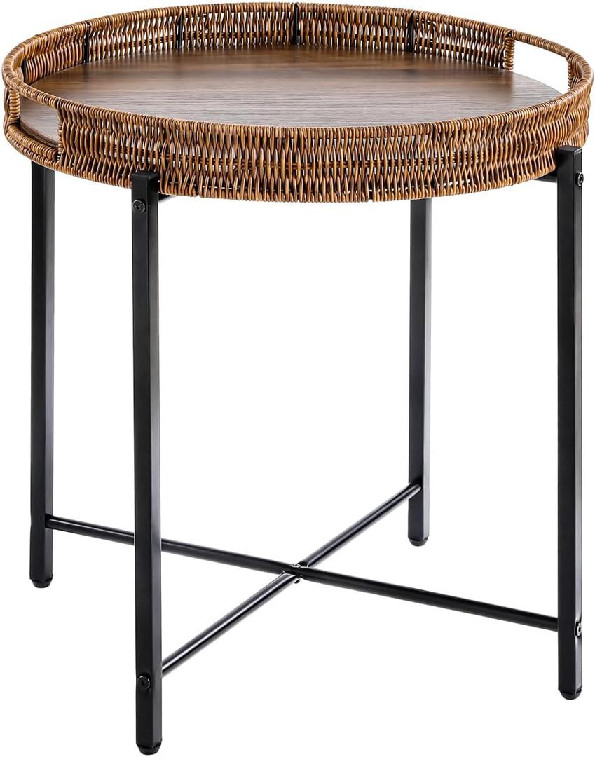 19in Round Rattan Side Table with Wooden TraySmall Round Wicker Wooden End TableRattan End Table for Indoor Use, Living Room, Bedroom, Office, Balcony-Brown