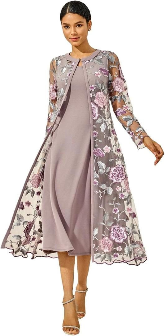 Women's Maxi Dresses 2 Piece Outfit Wedding Guest Cocktail Tea Party Dress Ruffle Lace Floral Casual Formal Evening Dress (Purple, S)