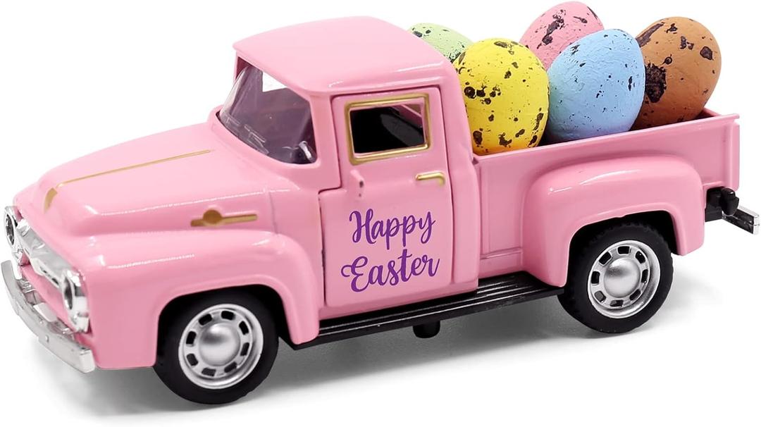 Huray Rayho Easter Truck with Eggs Metal Pink Vintage Farm Pickup Farmhouse Tabletop Tiered Tray Decor Home Kitchen Mantel Shelf Happy Spring Mini Diecast Truck Decorations