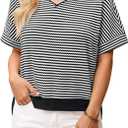 Fisoew Womens Short Sleeve Sweater Summer V Neck Striped Pullover Tops Casual High Low Loose Slit Cropped T Shirts (Black)