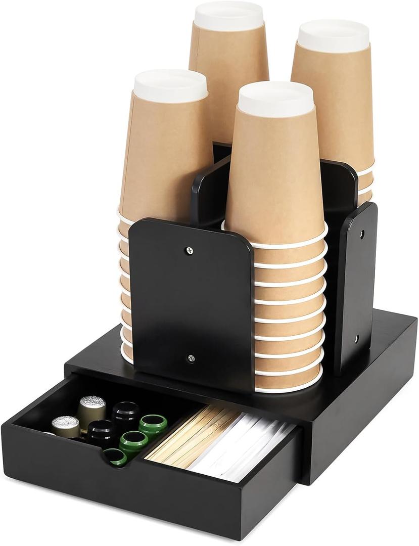 Coffee Station Organizer for Countertop, Coffee Bar Accessories and Organizer,4 Compartment Disposable Cup and lid Dispenser storage basket for coffee pod straw,Bamboo (Black)