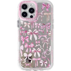 NITITOP Compatible with iPhone 15 Pro Max Case Mirror Cute Silk Ribbon Bow Knot Pattern for Girls Women Bowknot Ultra Slim with Bumper Protector Soft TPU Silver Protective Cover - Pink