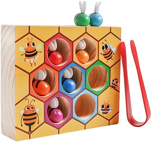 Toddler Fine Motor Skill Toy, Clamp Bee to Hive Matching Game, Montessori Wooden Bee Hive Toys, Wood Color Sorting Puzzle Early Learning Preschool Educational Gift for 2 3 4 Years Old Kids