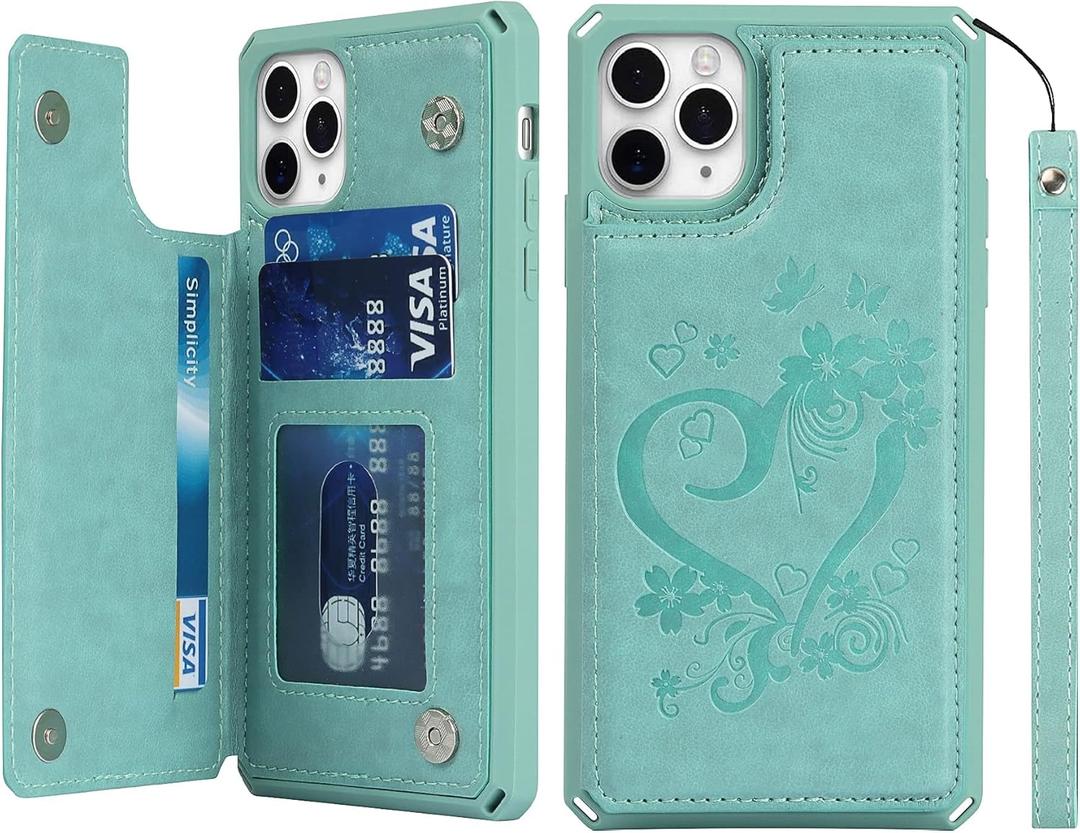 iCoverCase Compatible with iPhone 11 Pro Max Wallet Phone Case with Card Holder for Women, RFID Blocking Embossed PU Leather Wrist Strap Case for 11pro Max 6.5 Inch (Heart Mint)