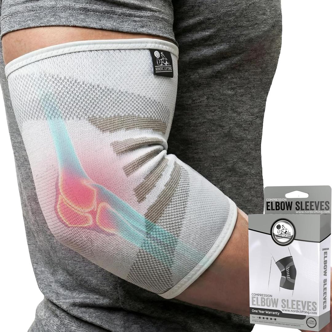 Nordic Lifting Elbow Compression Sleeves (1 Pair) for Men & Women - Support for Golfers & Tennis Elbow - Weightlifting Brace for Elbow Tendonitis, Workout Sleeve for Arm & Joint Recovery (Small, Frost White)