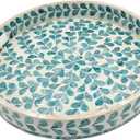 PEMAR 12.6 Mother of Pearl Round Serving Tray with Handles, Decorative Nacred Wooden Ottoman Coffee Table Tray (Teal Floral Pattern)
