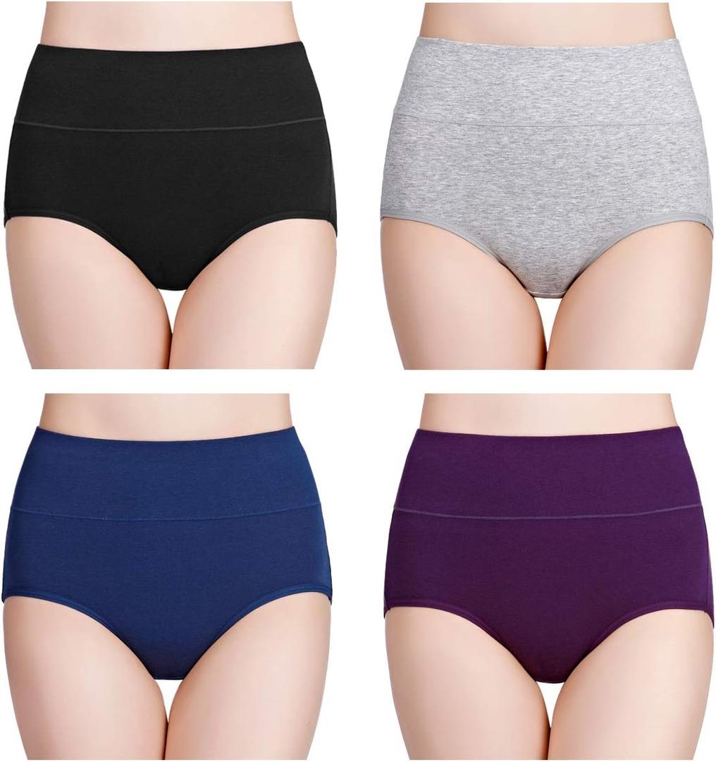 wirarpa Women's Cotton Underwear High Waisted Ladies Panties Full Coverage Briefs 4 Pack (Regular & Plus Size), M