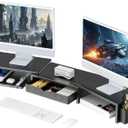 gianotter Dual Monitor Stand Riser, Desk Organizer With Drawer and 2 Pen Holders, Computer Monitor Stand, Shelf for Top of Desk, Black, L x W x H 40.6 x 9.3 x 4.3 inches