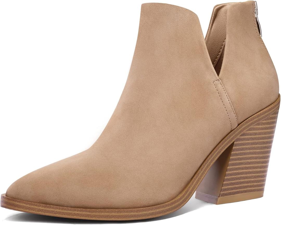 mysoft Women's Ankle Boots Slip on Cutout Pointed Toe Chunky Stacked Mid Heel Booties (8, Light Brown)