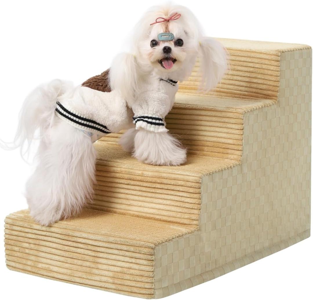 Vfrog Dog Stairs for Small Dogs,17.5" H,4-Step Dog Steps Ramp for Bed and Couch with High Density Foam,Non-Slip Pet Steps for Dogs and Cats,Pet Stairs with a Washable Cover,Khaki
