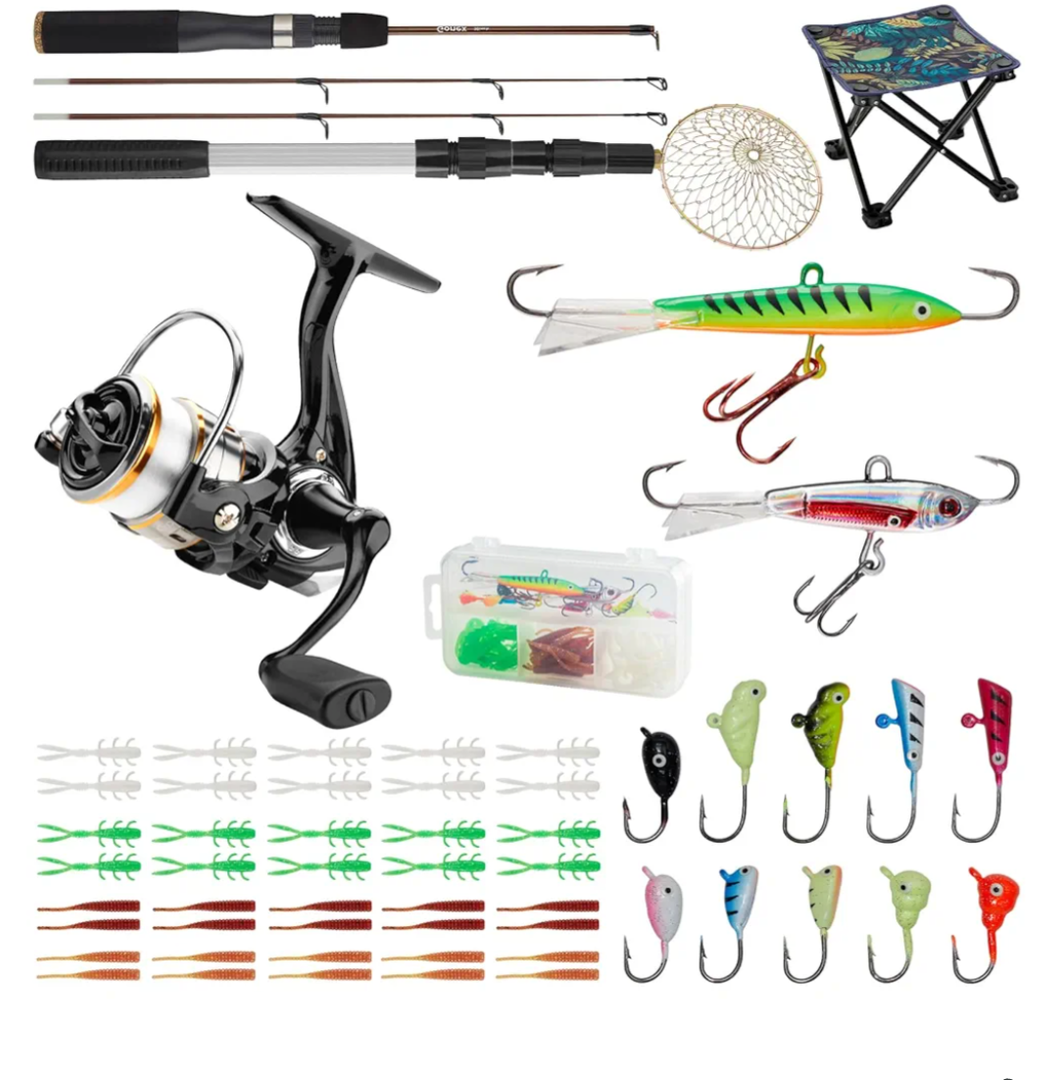 Gonex Ice Fishing Rod Reel Combo Medium Light Carbon Fiber Fiberglass Portable Complete Kit Include Skimmer Spare Rod Spinning Ice Fishing Reel Ice Jig Folding Stool for Winter Fishing