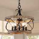 20" Farmhouse Chandelier, 5-Light French Country Drum Chandelier Over Table, Wood Chandelier for Kitchen Island Dining Room Entryway