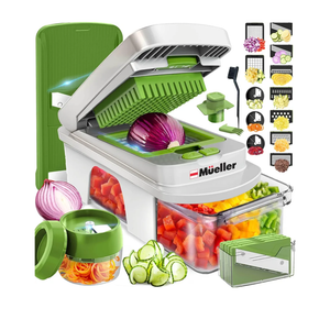 Mueller Pro-Series All-in-One, 8 Blade Mandoline Slicer for Kitchen, Food Chopper, Vegetable Slicer and Spiralizer, Cutter, Dicer, Grater, Kitchen Gadgets Sets with Container, White Sand/Pastel Green