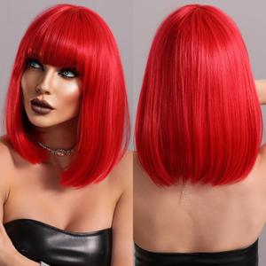 PARK YUN Short Red Bob Wigs for Women Glueless Synthetic Shoulder Length Wig with Bangs Heat Resistant Straight Blunt Cut Wig for Girls Daily Party Cosplay 14 inch