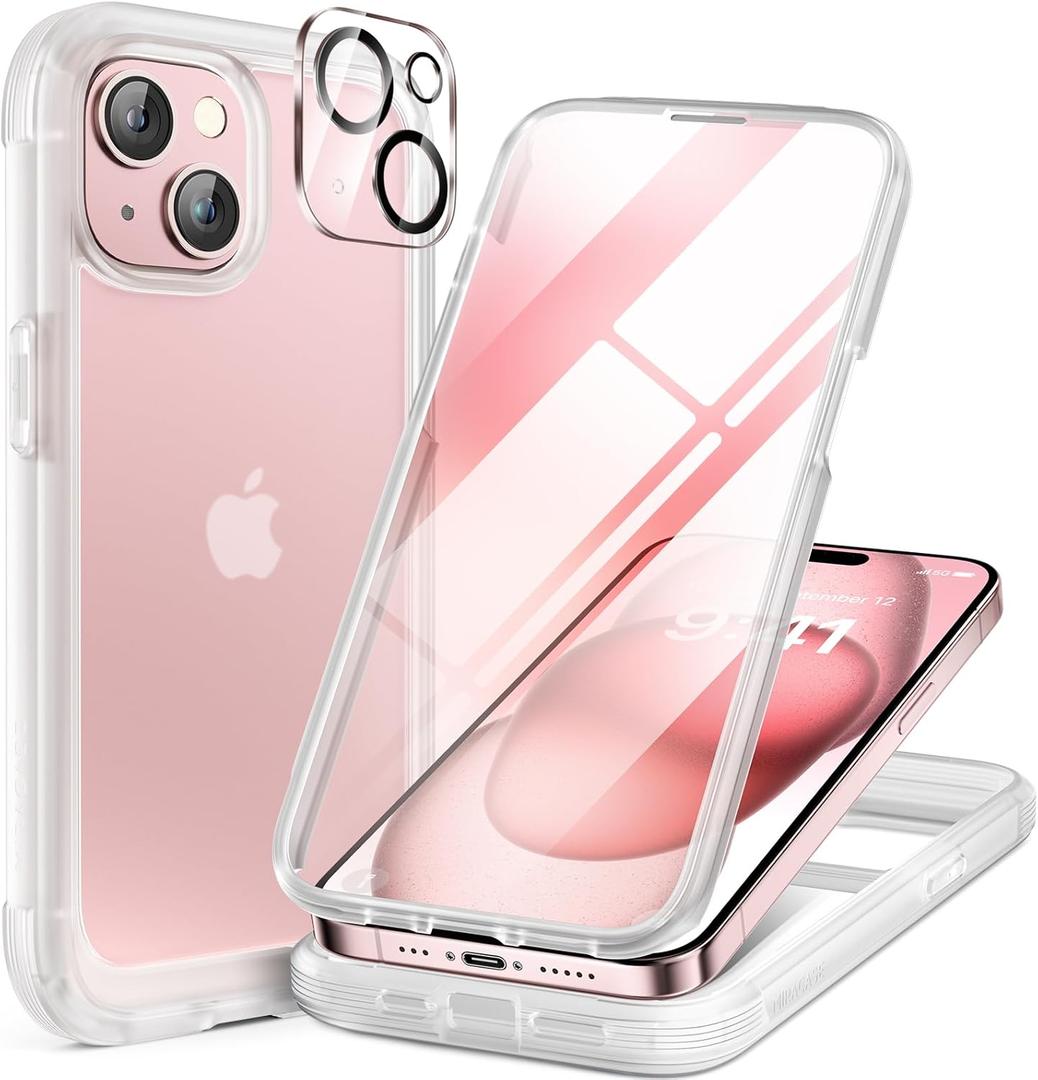 Miracase Glass Series Designed for iPhone 15 Plus Case 6.7', Full-Body Military Drop Proof 15 Plus Phone Case Cover with Built-in 9H Tempered Glass Screen Protector, Frosted Clear