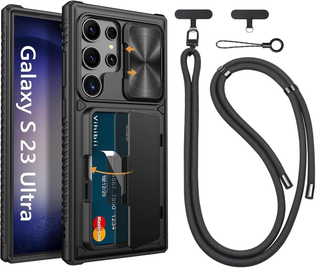 Vihibii for Samsung Galaxy S23 Ultra Case with Crossbody Lanyard Strap, Build-in Card Holder (4 Cards) & Sliding Camera Cover & Kickstand, Shockproof Rugged Hard Back & TPU Edge Wallet Case, Black