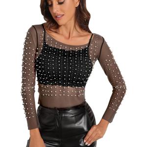 Women's Pearl Rhinestone See Through Long Sleeve Mesh Blouse One Piece Cover Up Halloween Festival Crop Top
