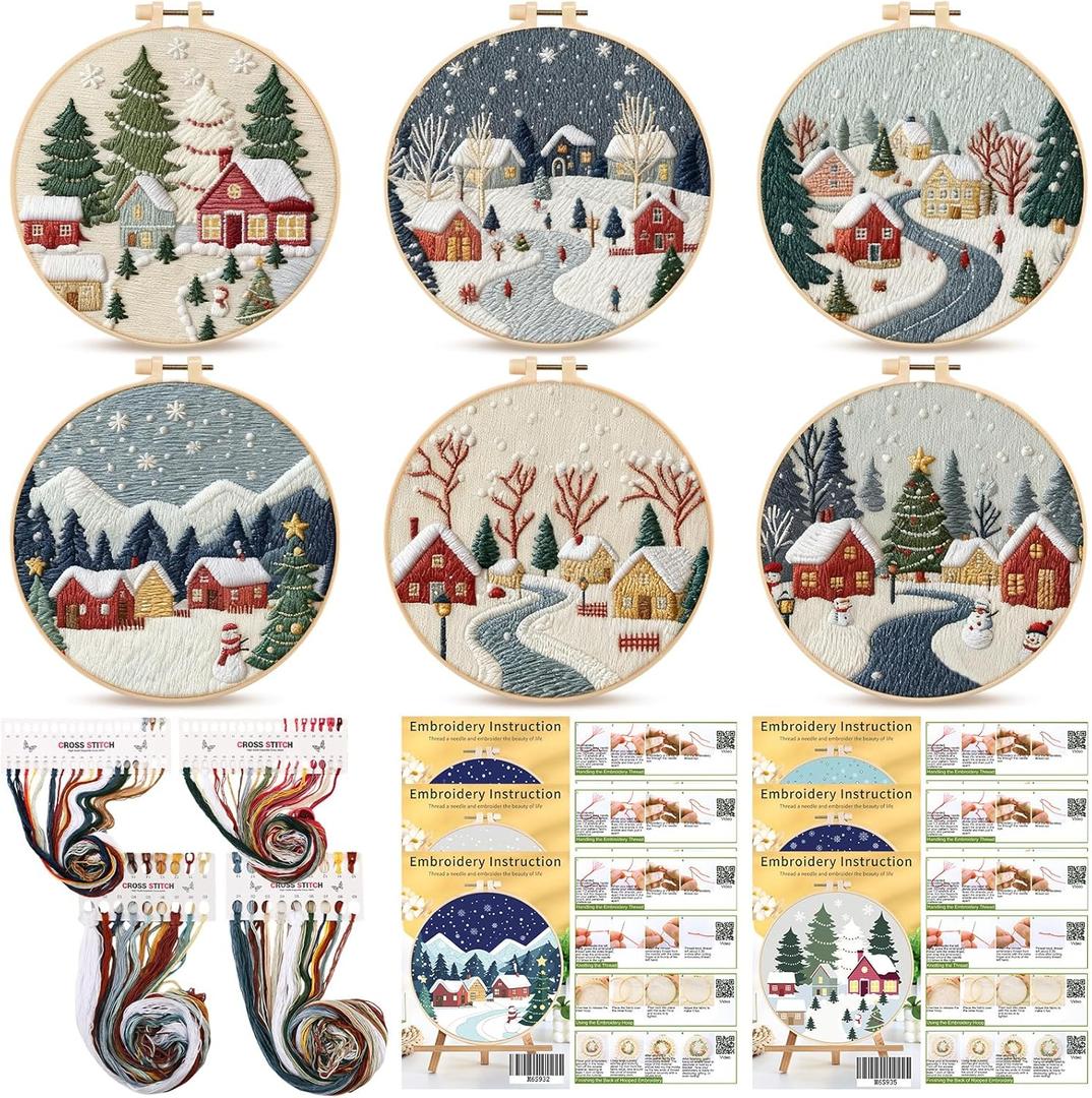 Peryiter 6 Sets Christmas Embroidery Kit for Beginners Including 6 Pcs Embroidery Hoop Winter Scene Snow Cross DIY Needlepoint Kit Instructions Threads Needles for Christmas Holiday Party Gift