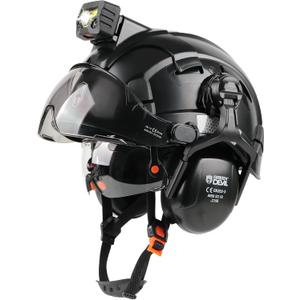 GREEN DEVIL Hard Hat Safety Helmet with Rechargeable Headlamp Light and Visor Ear Muffs Vented Work Hardhat ANSI Z89.1 Cascos De Construccion for Industrial Construction Forestry (Black)