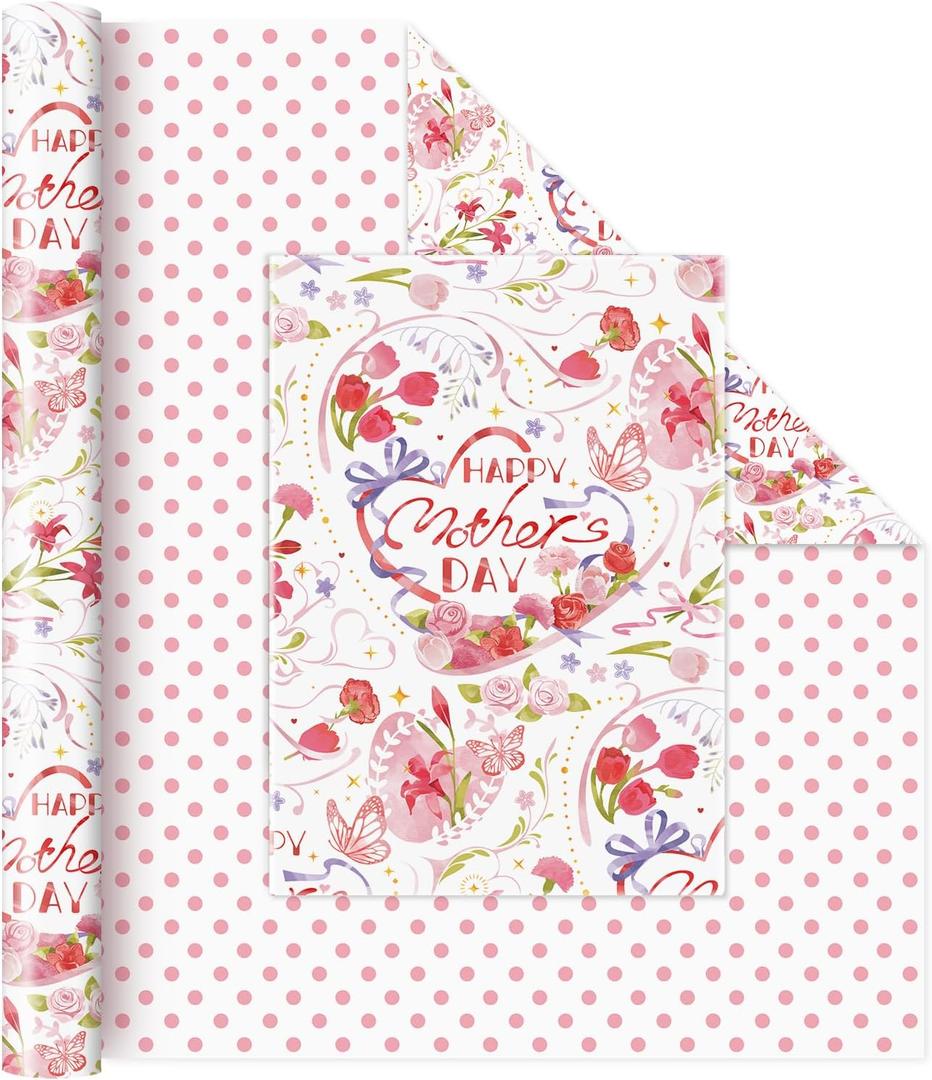 WERNNSAI Pink Flower Wrapping Paper Roll - 1 Roll 17x 33 ft Mothers Day Gift Wrapping Paper Pink Floral Gift Wrap Happy Festival with Polka Dot for Women Mom Warm Blessing Supply