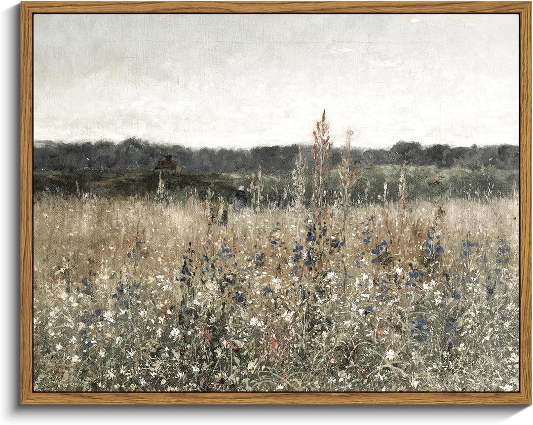 InSimSea Framed Canvas Wall Art Vintage Decor, Wildflower Field Canvas Wall Art Paintings Prints, Rustic Landscape Wall Decor for Bathroom Office, Office Dining Room Decor, 11"x14" (Champ Fleuri)