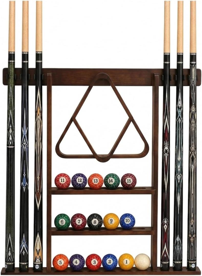 SUPERDIAMOND 6 Holes Wall Mounted Pool Cue Rack, Wood Billiard Stick Holder Holds 6 Cues for Pool Table Accessories, Heavy-Duty Billiards Storage Rack Stand Display for Game Room,Brown