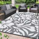 VKLIVING 8'x10' Outdoor Patio Rug, Grey-Floral, Waterproof, Modern Style, Flat Woven, Floral Pattern, Polypropylene, Area Rug, Spot Clean Only
