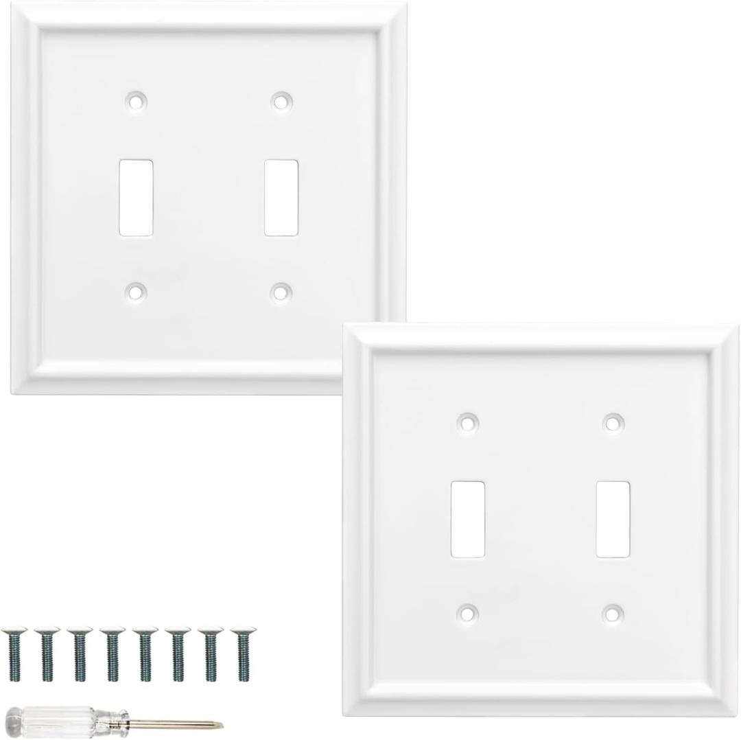 Wall Plates Duplex Outlet Covers, Classic White Light Switch Cover - Natural Bamboo Fiber Electrical Outlet Cover Plate Variety of 13 Styles: Toggle/Combo (2 Gang Toggle 2 Pack, White)
