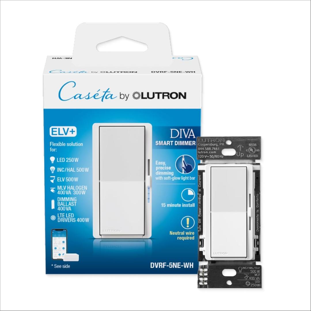 Lutron Diva Smart Dimmer Switch ELV+ for Caseta Lighting, 250-Watt LED, Neutral Required, Smart Dimmer Switch, DVRF-5NE-WH, White