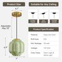 7" Vintage Green Glass Pendant Light, Brushed Brass Ceiling Fixture