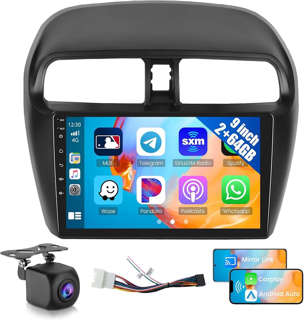 Hikity 4 Core 64G Android 15 Car Stereo for Mitsubishi Mirage 2012 2013 2014 2015 2016 2017 2018, 9 Inch Touchscreen Radio Wireless Carplay Android Auto GPS WiFi Bluetooth FM EQ Backup Camera