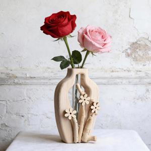Artistic Wood Glass Vase,Wooden Base Cylindrical Flower Vase,Classic Boho Rustic Style for Fireplace Bedroom Kitchen Living Room Centerpieces Office Desk (Tall Vase)