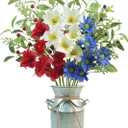 Krissing 9pcs Patriotic Artificial Flowers, Red White and Blue Flowers with Vase for 4th of July Decorations Patriotic Cemetery Flowers for Independence Day Memorial Day Table Centerpiece