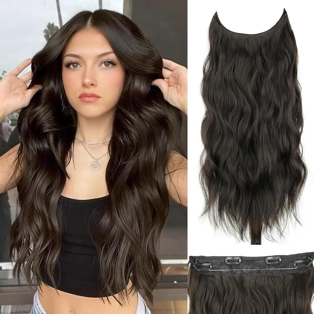 Halo Hair Extensions with Invisible Wire 20 Inch Dark Brown Hair Extensions with 4 Secure Clips Wavy Synthetic Hair extensions for Women Daily Part Use