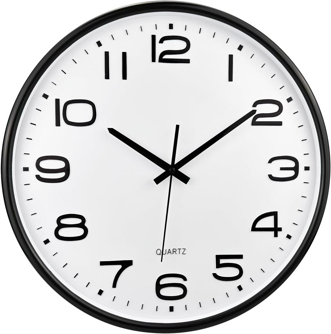 Plumeet 16'' Extra Large Wall Clock, Battery Operated Wall Clocks Silent Non-Ticking Quartz, Modern Style Suitable for Bedroom Living Room Office Decor - 3D Numbers Display, Black (White)